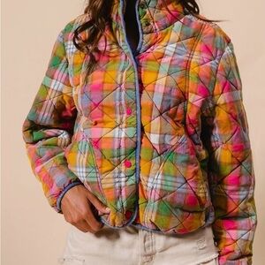 BiBi Multicolor Quilted Plaid Puffer Jacket with Pink Accents